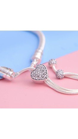 Pulseira Ajustável Coração  cravejada Prata 925